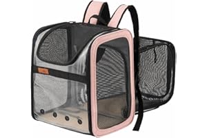 KIEPOAR Sac de Transport pour Chats Chiens Chiots, Sac à Dos Extensible Transparent Respirante Pliable, Panier Stable pour Voyage en Train Voiture Avion pour Petits Animaux 10kg avec Matelas en Peluche (Rose)