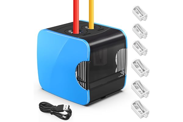 PITMT Taille Crayon Electrique,Taille-crayon électrique Enfants, Alimenté par Batterie et USB,2 tailles Pencil Sharpener Professionnel,pour Crayons épais et Fins, avec 4 Lames de Rechange (Bleu)