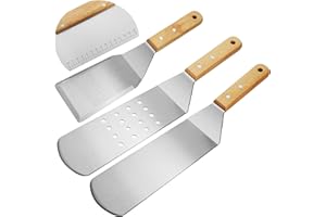 AMROICUS Grillspachtel Set 4-teilig aus Edelstahl mit Holzgriffen, BBQ Grillwender Set für Smash Burger, Teppanyaki, Barbecue & Grill, Grillzubehör Geschenk für Männer