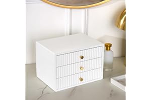 OHS White Wooden Desktop Drawers Ribbed, Small Desktop Organizer Office Supplies Filing Tidy Storage Shelf Stackable Makeup Container Jewellery Box Storage Cabinet with 3 Drawers