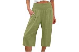 KUIH 3/4 Shorts for Women UK Summer Comfy Cotton Linen Shorts Wide Leg High Waist Straight Shorts with Pockets Hiking Outgoing Shorts Trousers Breathe Beach Shorts UK Size 8-18