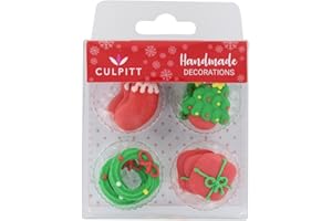 CULPITT Christmas Icons Sugar Pipings, Edible Royal Icing Decorations, Festive Red and Green Winter Cake and Cupcake Toppers, Presents, Christmas Trees, Stockings, Wreaths - Pack of 12