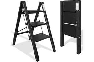 kisidus Escabeau 3 Marches Marche Pied Pliante Échelles Pliable Antidérapants 3-Level Max 150kg Acier Robust Intérieur Extérieur - Noir