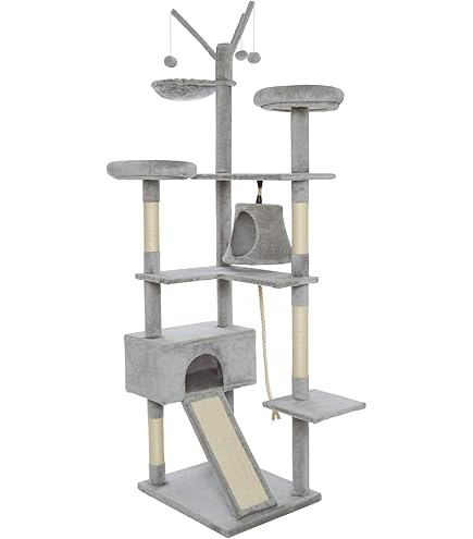 Hzuaneri Kattenkrabpaal, 178cm Meerlaagse Kattenboom met Groot Platform, 2 Grotten, 7 Sisalpalen, Pompons, Kattenmand, Hangmat, Geschikt voor Katten van Alle Groottes, Lichtgrijs MS17818LG