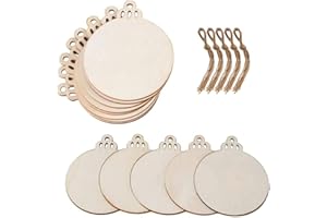 ABSOK Lot de 50 boules de Noël rondes en bois vierges à suspendre avec ficelles pour décoration de vacances et loisirs créatifs, étiquettes cadeaux et décorations à suspendre