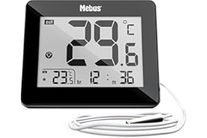 Mebus termometr cyfrowy do użytku wewnątrz i na zewnątrz z przewodowym czujnikiem zewnętrznym, czas, min/max wartości, kolor: czarny, model: 48432