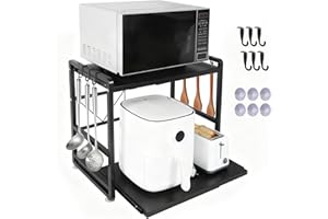 piorlado 2-Tier Microwave Rack - Height Adjustable & Extendable Kitchen Shelf with Drawer - Includes Hooks & Reinforcement Suction Cups - Easy Assembly (Black)
