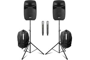 Vonyx VPS102A 10" Active PA Speaker System with Bluetooth, Dual Wireless Microphones, Speaker Stands & Protective Carry Bags - Complete DJ & Karaoke Setup