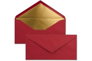 ‎NEUSER PAPIER 15 Brief-Umschläge DIN Lang - Dunkel-Rot mit Gold-Metallic Innen-Futter - 110 x 220 mm - Nassklebung - festliche Kuverts für Weihnachten