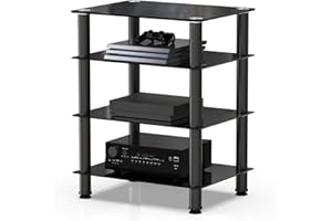 FITUEYES Mobile HiFi con 4 Ripiani in Vetro Temperato, Mobile Giradischi Rack HiFi Angolare, Alto Moderno Mobili per Hi Fi Vinili Stereo AV Media