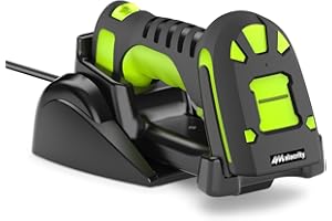 Alacrity Upgraded 2D Industrial Barcode Scanner with Wireless Charging Stand, 1968 Feet Transmission Distance 433Mhz Wireless & Bluetooth 2in1 Barcode Reader, Shock Dust Proof Hands Free, Green
