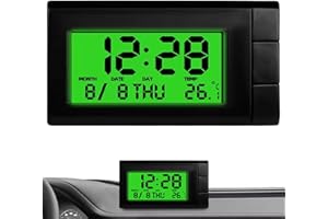 DAGLLGEW Car Clock, LCD Tiny Digital Clock with Calendar and Thermometer, with Green Backlight, Double Side Adhesive for Dashboard Car Thermometer Small Digital Clocks for Dash Stick On