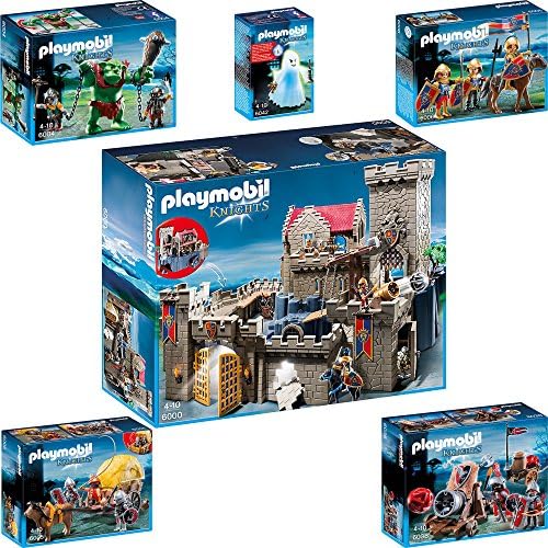 Playmobil Knights 6 pcs. Set 6000 6004 6005 6006 6038 6042 Royal Lion Knight's Castle + Giant Troll with Dwarf Fighters + Hawk Knight's with Camouflage Wagon + Royal Lion Knights + Hawk Knights' Battle Cannon + Castle Ghost