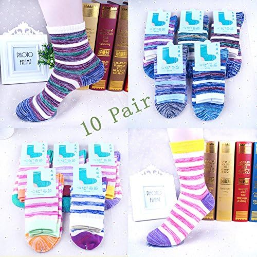 Roludom Mens Socks (10 Pairs) Comfortable,Cotton Rich, Breathable, Elastic force,Solid color Mens Socks (Colored Stripes M+Colored Stripes W)