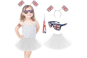 Ficlwigkis Union Jack Dress Tutu Costume Kids Adults 5pcs Set with Union Jack Tutu Skirts Headband Glasses Flags Stickers Fancy Dress Costumes for British National Day White