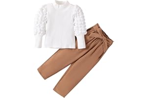 HUTTAM ensemble fille 4-8 ans mode automne haut tops enfant fille manches bouffantes pull fille col roulé + Pantalons avec ceinturé uni vetement fille printemps fashion mance longue habits tenue 2pcs