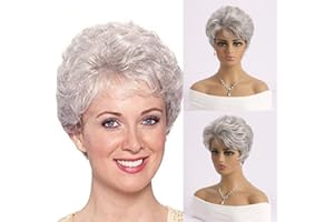 AUBWIG Parrucca per capelli corti bianchi corti e ricci Parrucca corta con taglio pixie con frangia per donne Parrucche sintetiche naturali soffici resistenti al calore (argento bianco #3E)