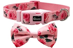 Olahibi Bowtie Dog Collar, Rose Pattern, Nylon Webbing Plus Cotton Ribbon, for Small Dogs.(S, Pink Rose)