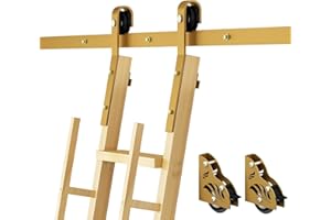DIYHD Escalera de madera de 6.6 pies con ruedas para biblioteca deslizante con freno, dorado, sin escalera