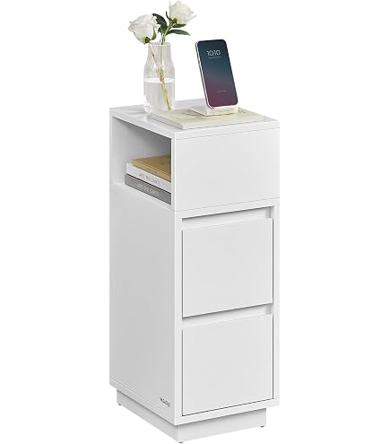 Schmaler Nachttisch Mit Stoffschublade & Offenem Regal – 40x30x62 Cm, Weiß
