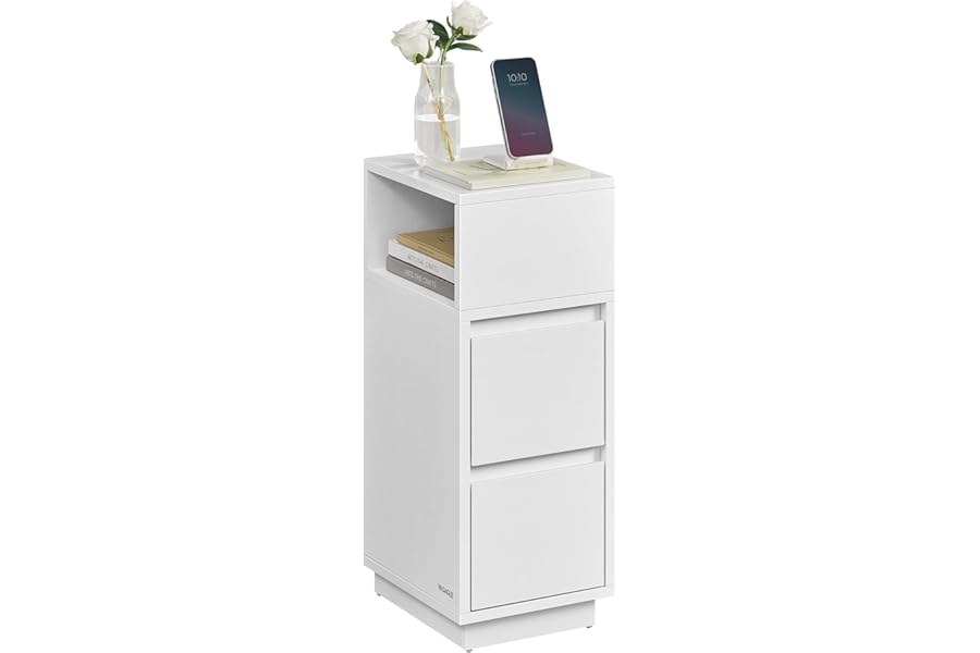 VASAGLE Slim Bedside Table, Small Narrow Side End Table with 2 Drawers, 1 Open Compartment Mounted to Face Left or Right, for Bedroom, Living Room, Cloud White LET656W01