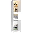 VASAGLE Tall Bathroom Cabinet with Lights, Slim Bathroom Storage Cabinet, Freestanding Narrow Storage Unit with Adjustable Shelves, Open Compartments, for Small Spaces, Modern, Cloud White BBC566W04