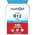 Vitamin B12 Cyanocobalamin 50mcg 180 Tablets (V) Tablets (not Capsules) Vegan. Made in The UK by Health4All.