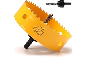 FASTDEPLE Scie cloche, 110mm scie cloche bois, Scie Trépan avec adaptateur hexagonal et embout central, Bi-métal HSS M42 scie cloche pour plastique, aluminium, plaques de plâtre, Jaune