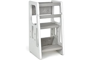 COSTWAY Wieża edukacyjna z 2 stopniami regulacji wysokości, wieża edukacyjna z poręczą ochronną, krzesło do nauki, pomocnik kuchenny dla dzieci w wieku 18-60 miesięcy (szara)