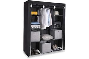 Karlhome 4-Tiers 10 Compartment Canvas Wardrobe, Portable Wardrobe Fabric Wardrobe with Shelves and Cover for Hanging Clothes, Clothes Rail with Cover for Bedroom, 50" L x 17.8" W x 67" H, Black