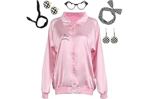 ATOWORLD Pink Jacket for Ladies Adults 50s 1950s Fancy Dress Women with Accessories Scarf Headbands Earrings Glasses Pink Lady Jacket Grease Fancy Dress Costume Outfit for Women Halloween XXL