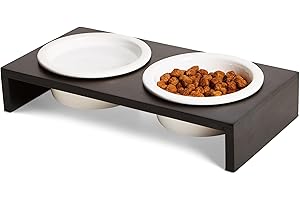PETLINUS Gamelle Chat Surélevée Double - Gamelle Chat Céramique avec Support en Bois - Gamelle Chiot, Gamelle Chien Petit ou Bol Chat, Mangeoirs et Abreuvoirs - Noir