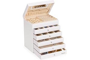 Yorbay Portagioie Scatole per gioielli Custodia con specchio Cofanetto orologi braccialletti anelli (5 cassetti, Bianco) Riutilizzabile