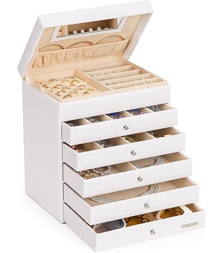 AKOZLIN Portagioie Extra Large A 6 Ripiani, Con 5 Cassetti E 2 Ante Laterali, Specchio Integrato, Organizer In Similpelle Grigio - 5