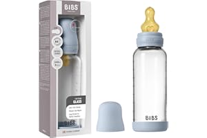 BIBS Baby Glass Bottle. Anticólicos. Tetina redonda de látex de caucho natural. Favorece la lactancia natural, 240ml, Complete Set - Baby Blue