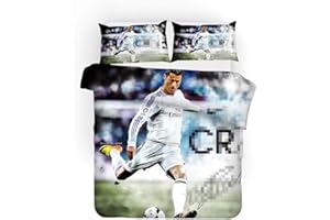 SK-PBB - Set di biancheria da letto, per adolescenti, set da 3 pezzi, con chiusura lampo, 100% microfibra, stampa 3D con motivo squadra di calcio (Ronaldo2, 135 x 200 cm)