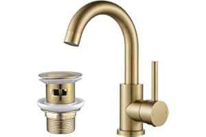 Basin Tap with Waste, NewEast Gold Bathroom Sink Mixer Tap Single Lever Solid Brass