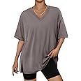 Trendy Queen Oversized Tshirts for Women Workout Plus Size Tops V Neck Short Sleeve Gym Shirts Casual Loose Fit Basic Tees