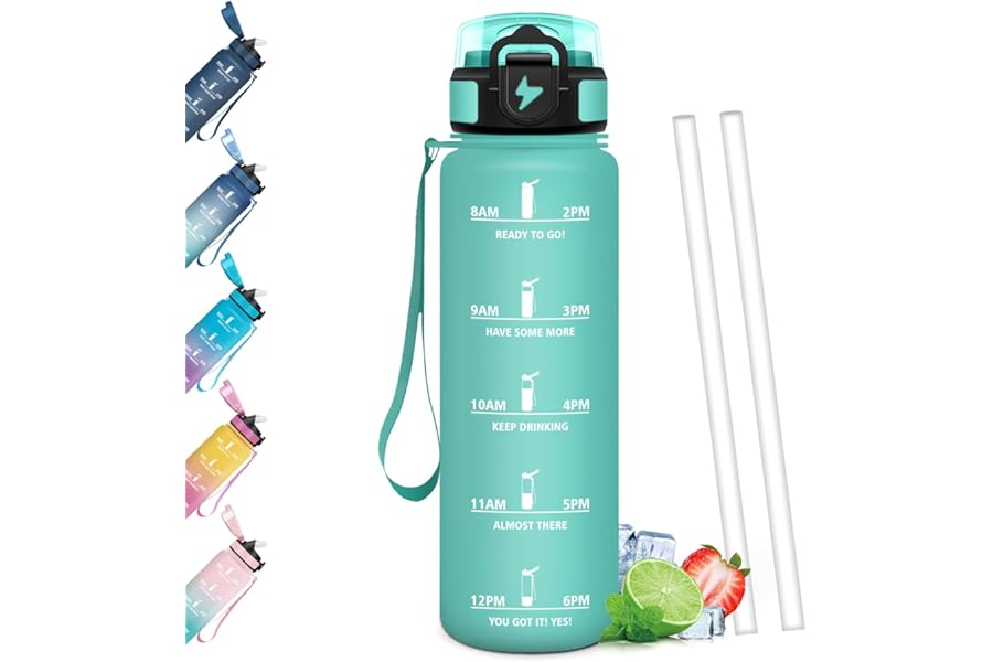Mulbijeo 1 Litre Water Bottle, Libre de BPA & Reutilizables Water Bottles with Straw, Leakproof, Gym Water Bottles, Portable, Motivational Water Bottle for School, Gym, Office, Party