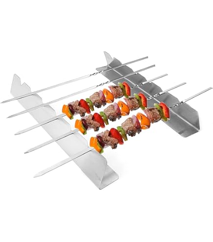 Set Brochettes BBQ Acier Inoxydable - 12 Brochettes + Support, Pour Grill Gaz/Charbon - Réutilisable
