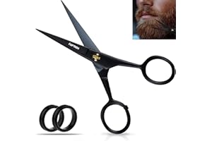 AFTREN Forbici professionali per barba curve in acciaio tedesco Forbici per baffi Forbici per peli del viso, naso, orecchie Forbici per unghie per bambini Lama seghettata (Nero, 4 pollici)