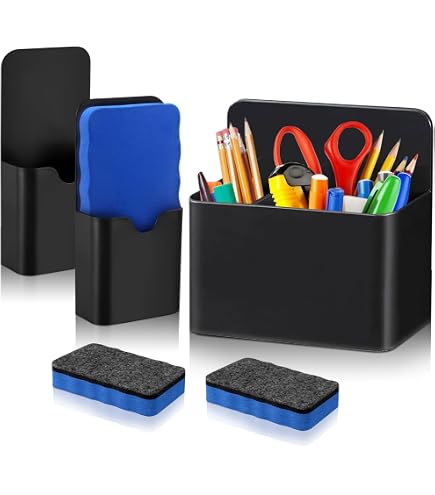 2 Porte-Stylos Magnétiques Blancs + 2 Éponges Pour Tableau - Organisation Bureau, École, Frigo
