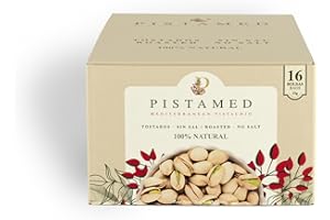 PISTAMED - Pistacchi Sgusciati - Senza Sale - Tostato Artigianale - Senza Additivi e Senza Glutine - Alto Contenuto di Fibre - Diete Vegetariane e Vegane - Scatola: 560 gr, 16 buste da 35 gr