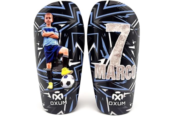 Oxum Sport - Espinilleras de Fútbol Personalizadas para Niños y Adultos - Personaliza con tu Foto, Número y Nombre. Bolsita para espinilleras de Regalo- Gama One
