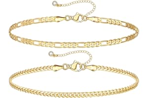 KissYan Gold Layered Ankle Bracelets for Women, Dainty 14K Gold Plated Layering Anklets Set Adjustable Trendy Cuban Link Snake Tennis Figaro Chain Ankles Summer Beach Foot Jewelry Gifts for Women
