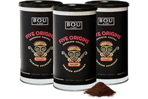 Café Bou | Café Molido Five Origins – Premium | 100% Arábica | Aromas a Chocolate, Almendras y Melocotón | Tueste alto | Cuerpo Completo | Café para Espresso | Pack 3 botes x 170gr