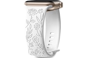 Mastten Floral Engraved Strap Compatible with Apple Watch Strap 38mm 40mm 41mm for Women, Soft Silicone Elegant Rose Floral Pattern Replacement Band for iWatch Series SE 9 8 7 6 5 4 3 2 1, White