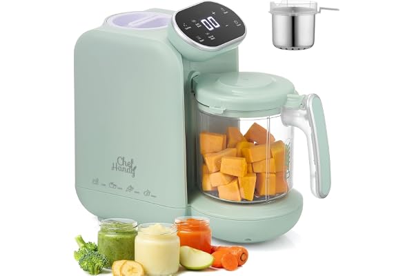 Chefhandy Robot Bébé Cuiseur Mixeur 5-en-1,Robot Cuiseur Bebe avec Chauffe-biberon Lait, Stérilisation, Mixage Automatique et Manuel, Nettoyage, Livré avec Une Belle Boîte d’Emballage (Vert)