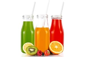 HYCKee 3 Pack 11oz 330ml Glass Milk Bottle with Glass Straws Metal Cap, Clear Glass Bottle Juice Milkshake Smoothies Water Bottle Drinking Bottles Glass Containers Reusable with Lids