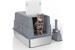 SZEE XL Edelsthal Katzenklo mit 180° Klappdeckel, Große Geschlossene Katzentoilette Edelstahl mit Deckel, Stainless Steel Cat Litter Box with Scoop-58,3x37,1x37,5cm, Dunkelgrau